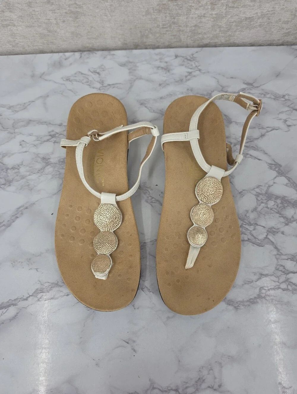 Vionic Lizbeth White Leather T-Strap Sandals with Gold Medallions